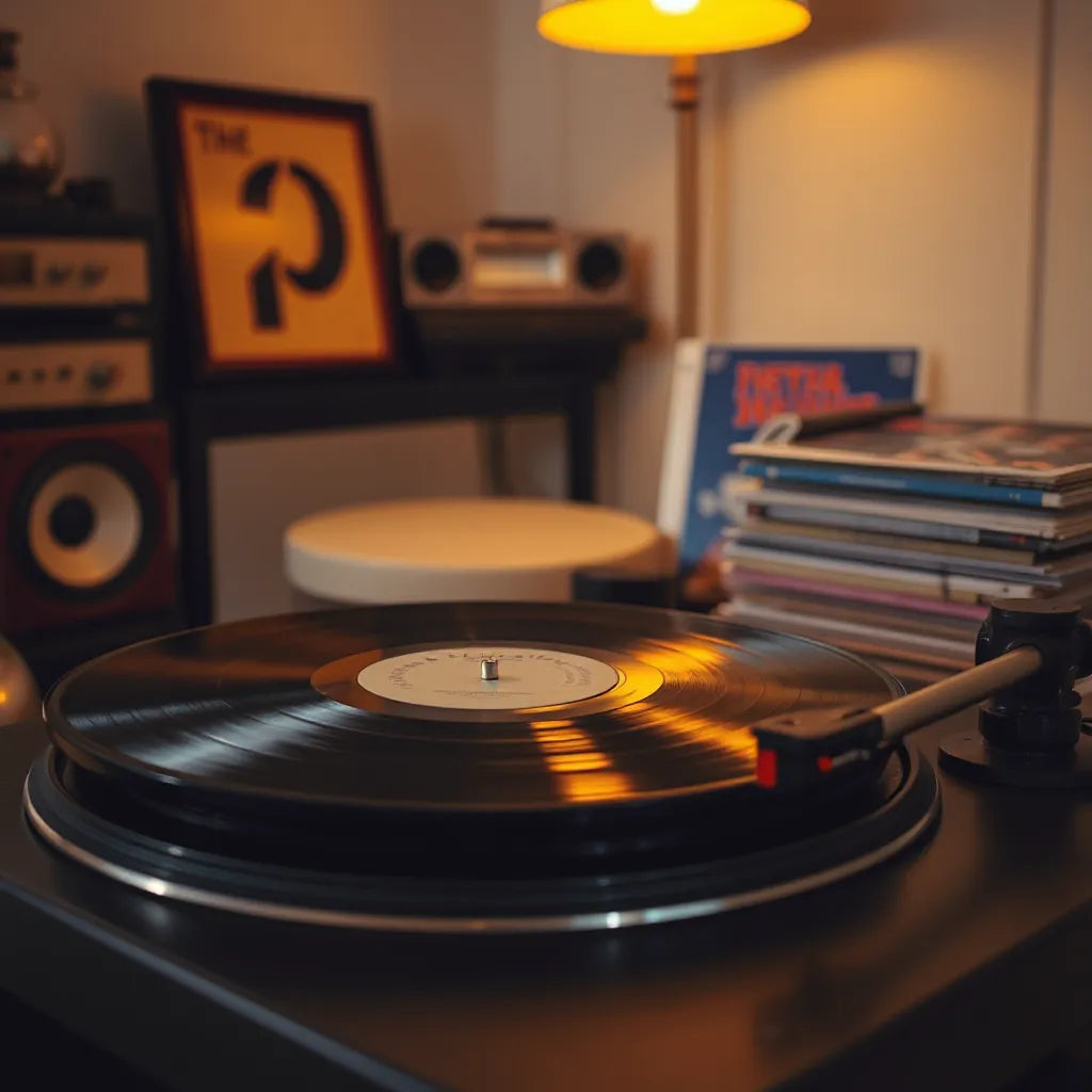 Vinyl record spinning on a turntable with stacked records nearby in warm vintage lighting