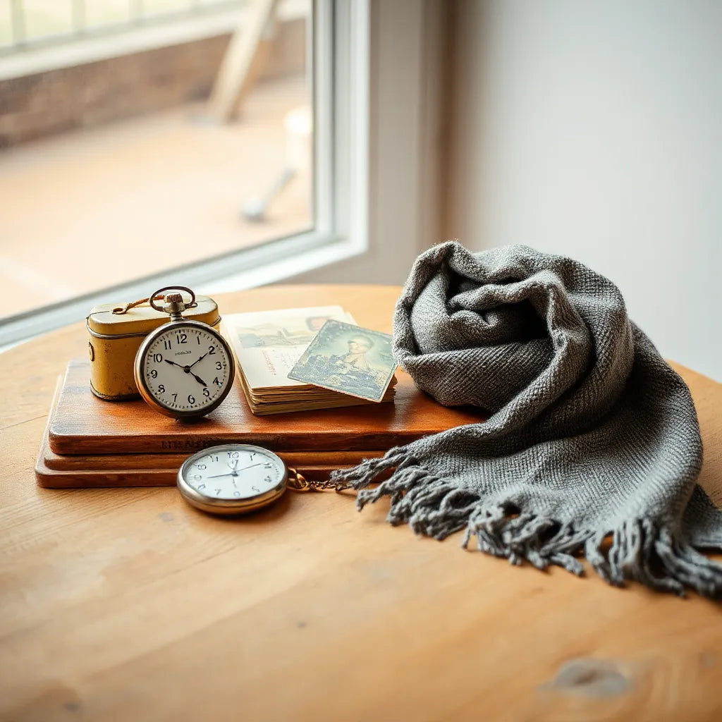Vintage pocket watch, tin toy, and postcards arranged on a wooden surface with soft natural light