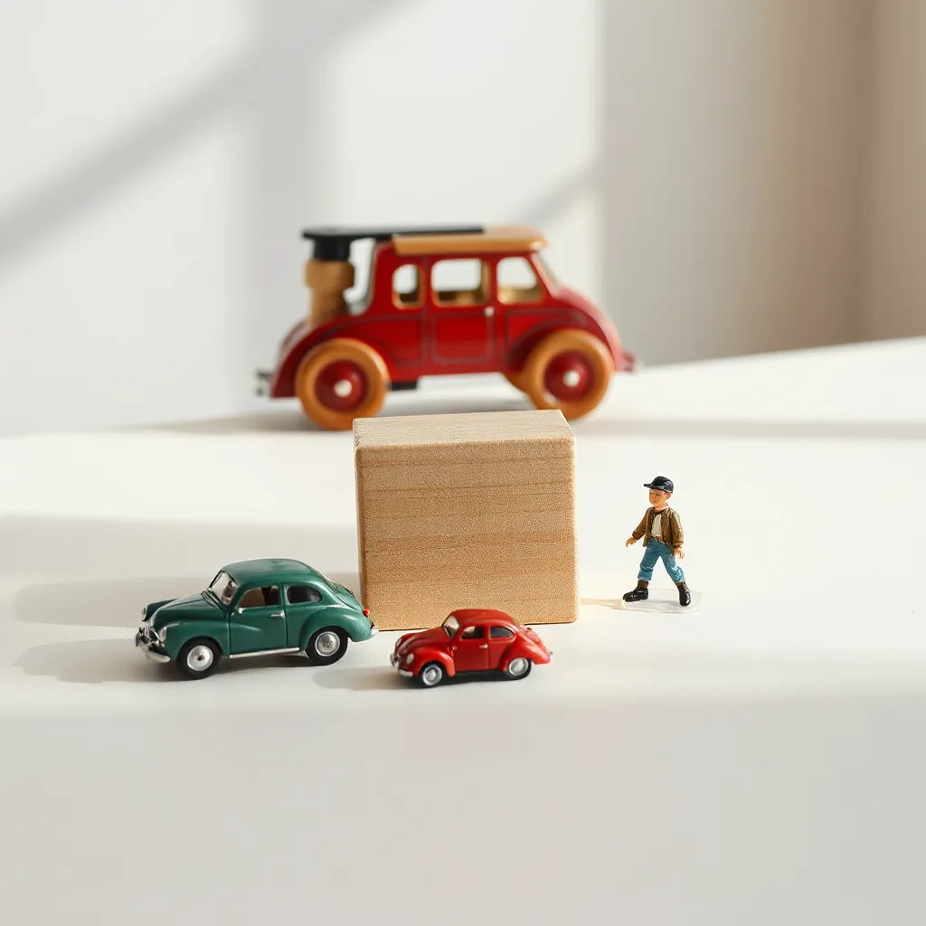 Neatly arranged vintage-style toys on a tabletop display with soft natural light