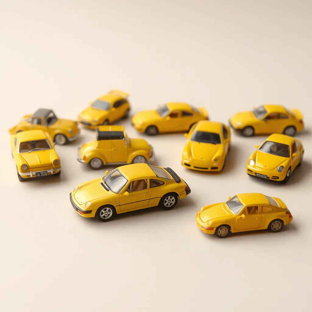Unbranded yellow plastic toy cars on a light tabletop with visible wheels and minor wear