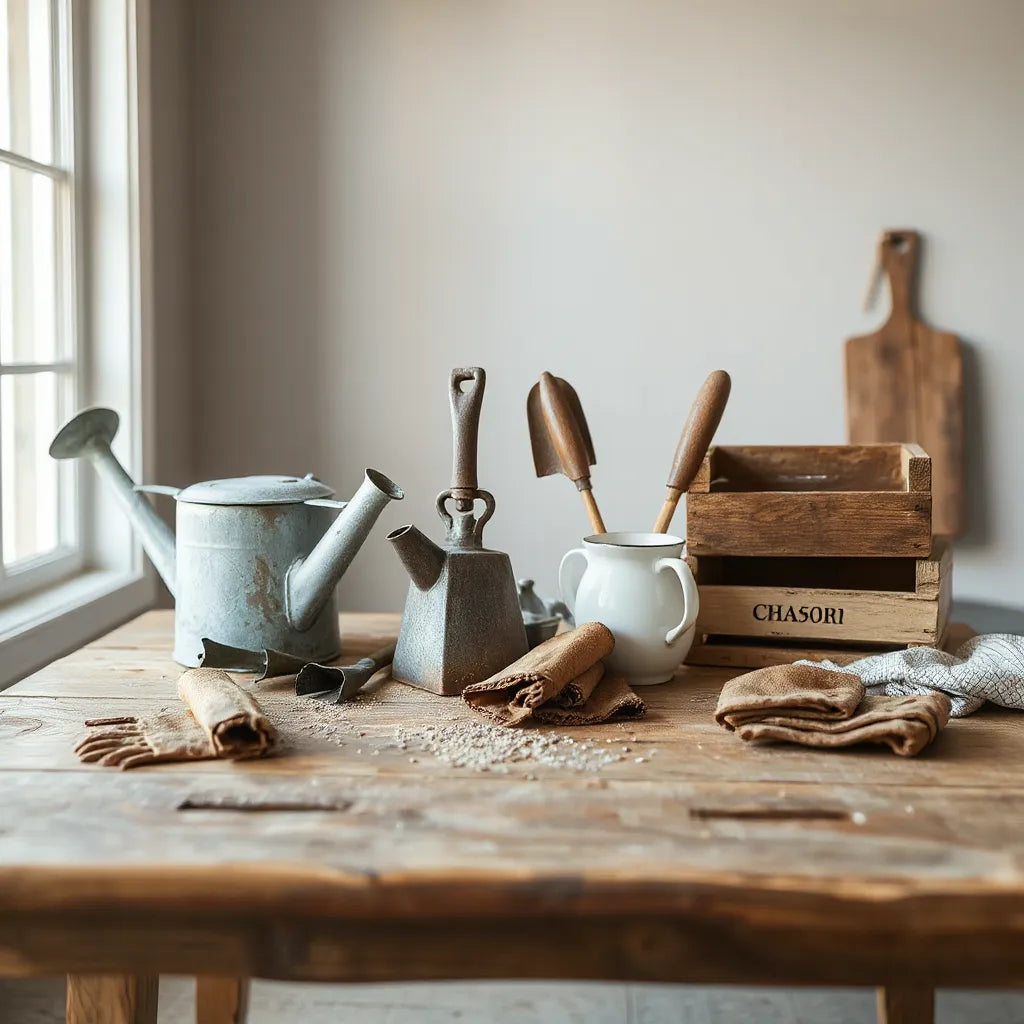 Rustic wooden table with weathered farm tools, watering can, and vintage pitcher in warm light