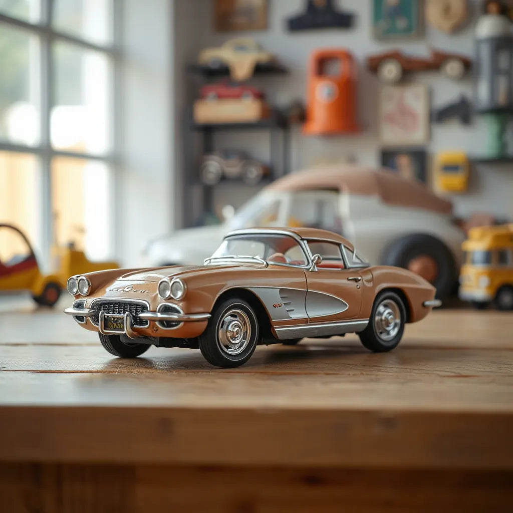 A classic Corvette toy car on a wooden display surface with soft natural light
