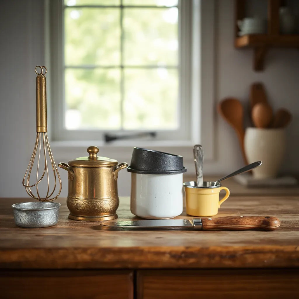 Antique brass whisk, tin measuring cups, and enamel ladle on a rustic wooden countertop