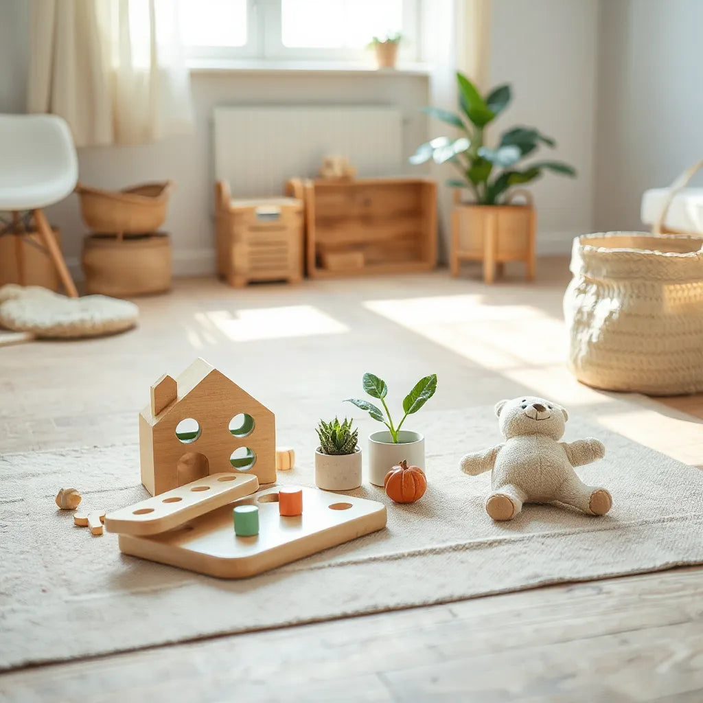 Wooden and plant-based plush toys on a play mat in a bright living room