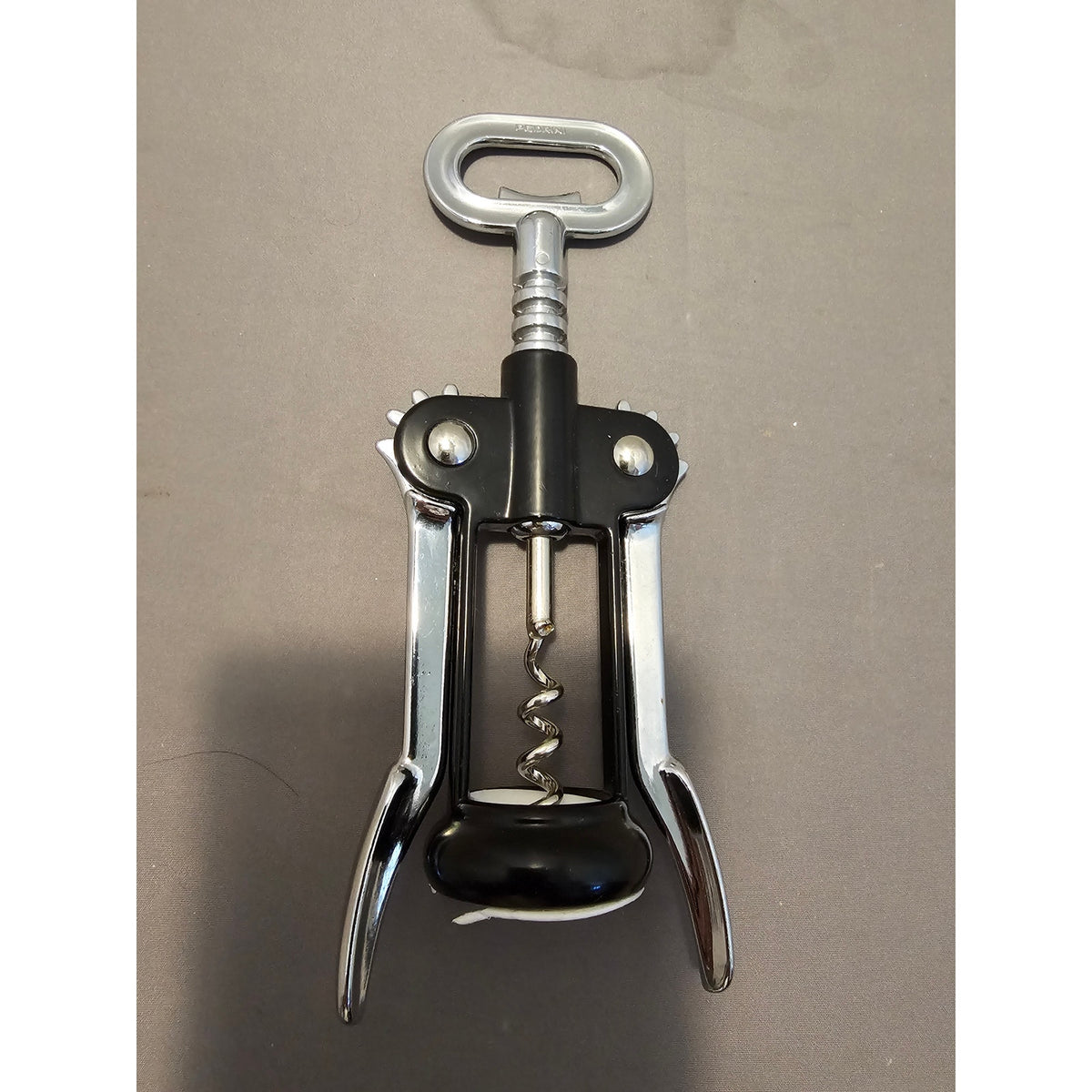 Pedrini Black/Silver Corkscrew Wine Bottle Opener w/Fins - Push Down-Italy-Used