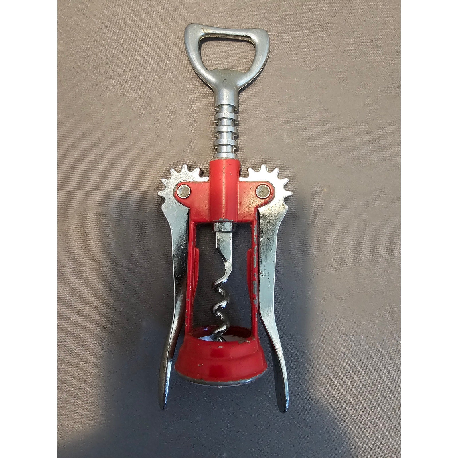Red/Silver Corkscrew Wine Bottle Opener w/Fins - Push Down - 6-1/2"