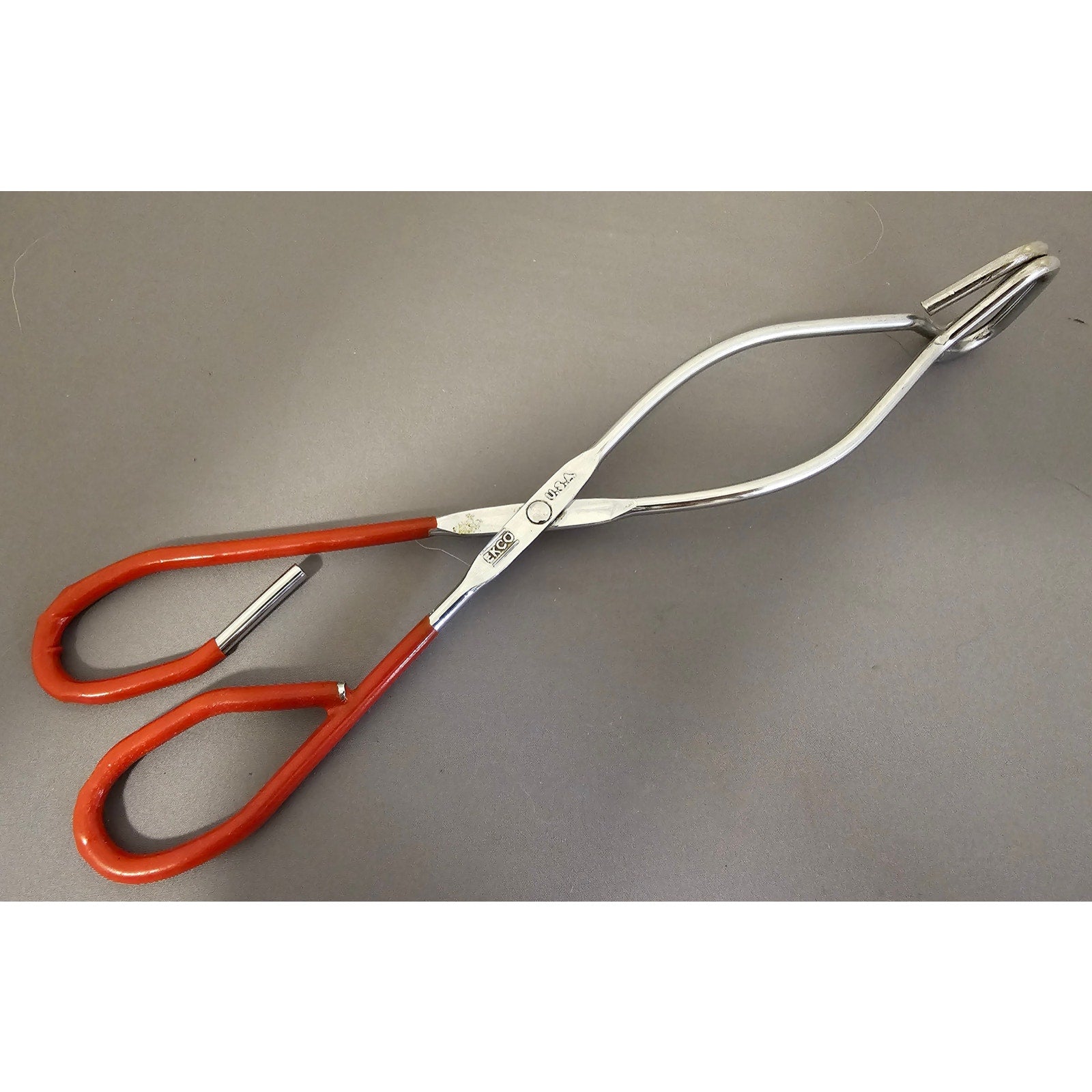 Vintage Ekco 10-1/2" Red Rubble Handle Stainless Steel Tongs - USA