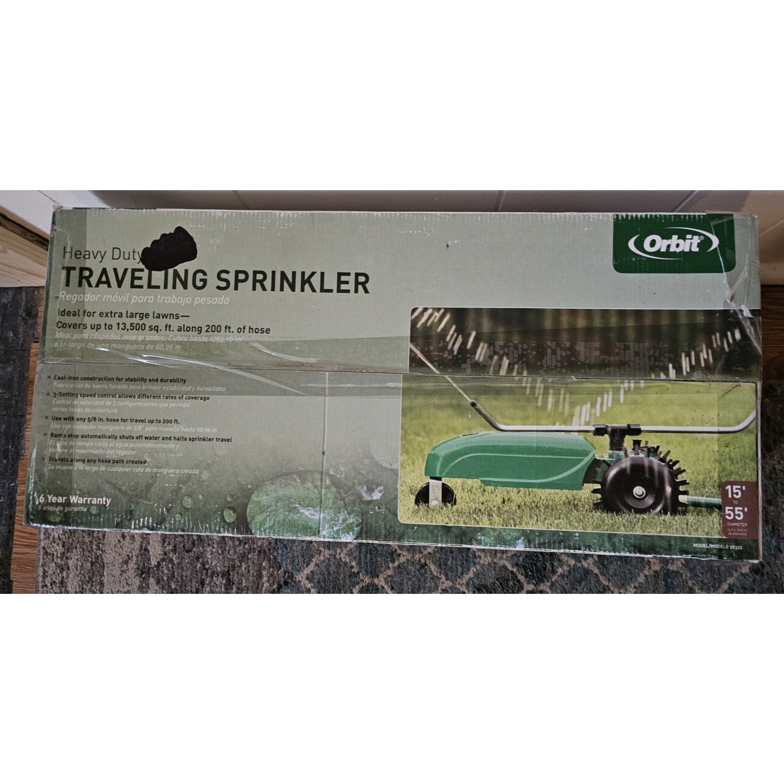 NIB Orbit Model 58322 - Heavy Duty Traveling Sprinkler - Cast Iron Green Tractor