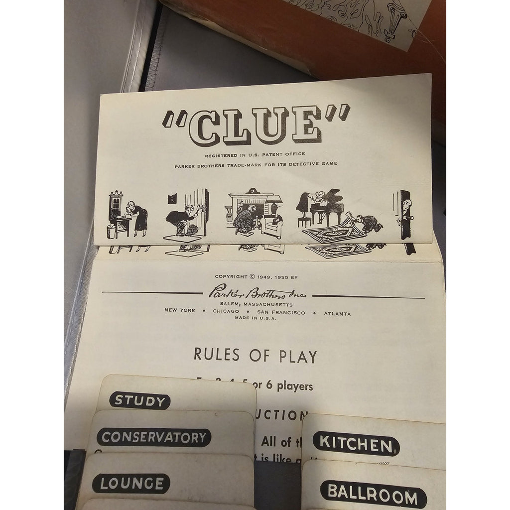 Vintage 1956 Clue Board Game - Replacement Parts - Playing Cards, Dice and Instr