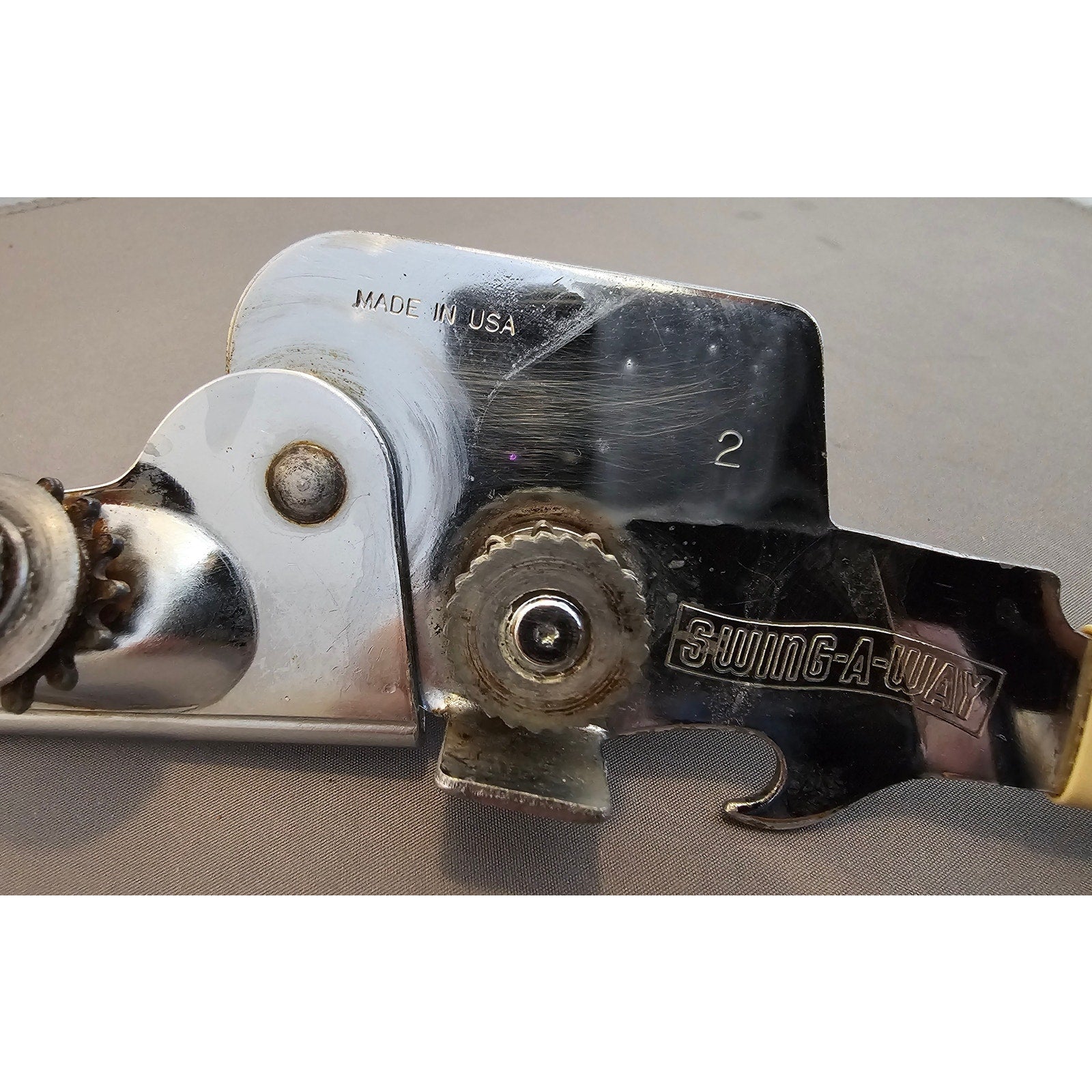 Vintage Swing-A-Way No. 2 Can Opener Bottle Tan/Ivory Grips Manual 7” USA Away