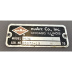 Vintage nuArc Co. Model PS36 Serial No Name Plate - Chicago IL