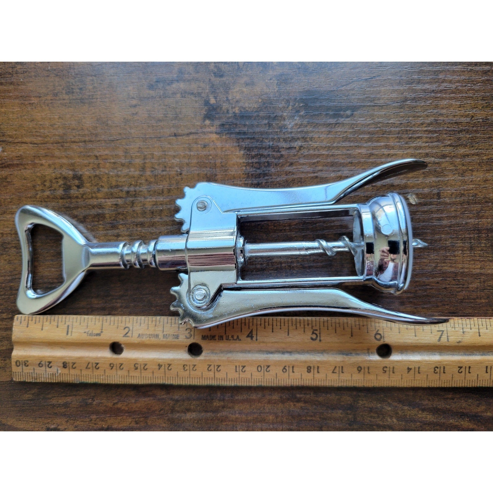 Silver Corkscrew Wine Bottle Opener w/Fins - Push Down - Used - Italy