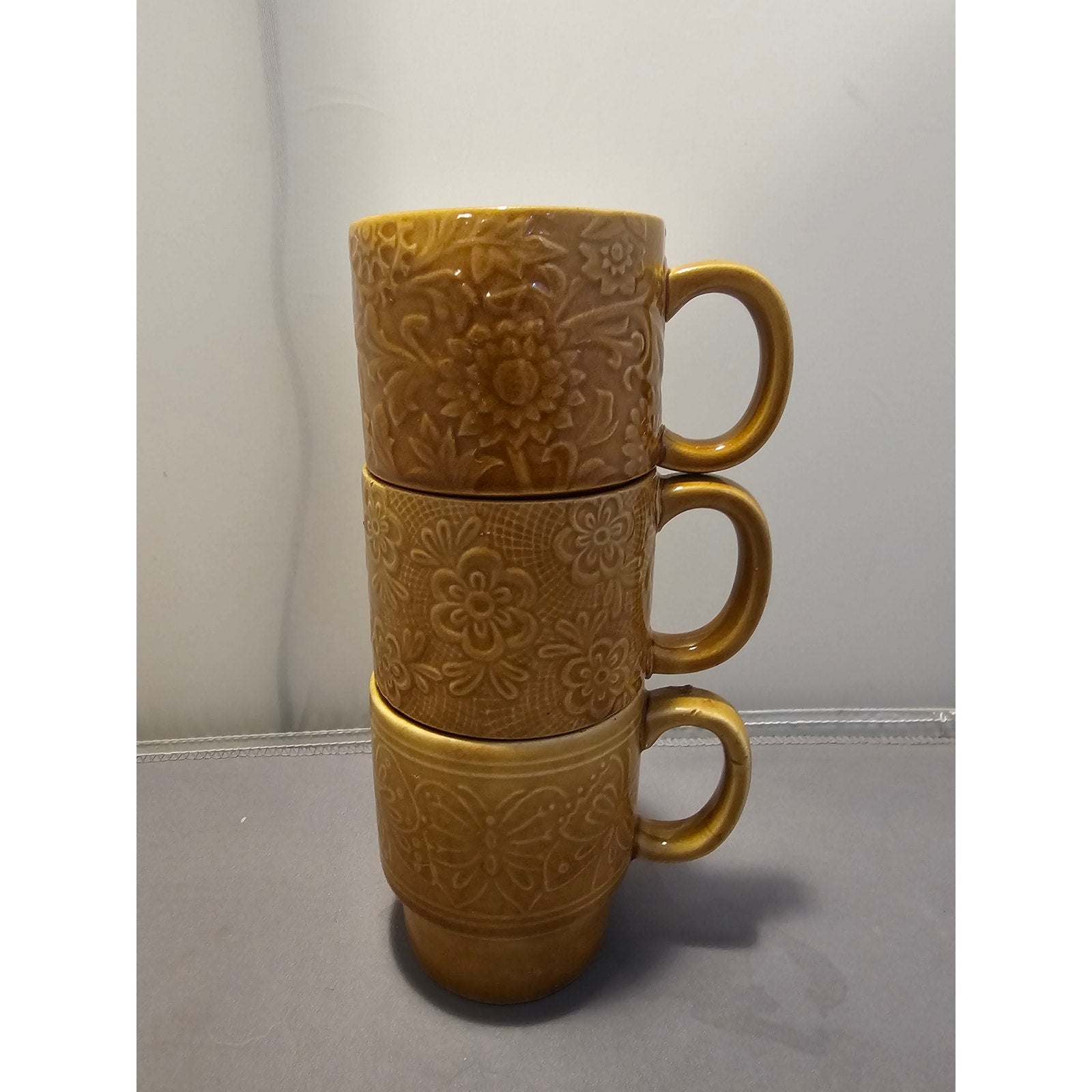 Lot of 3 Vintage/Mid Century Yellow Stackable Floral Coffee Cup/Mug - Japan