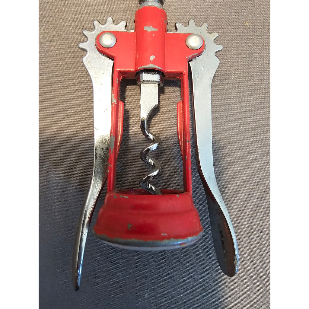 Red/Silver Corkscrew Wine Bottle Opener w/Fins - Push Down - 6-1/2"