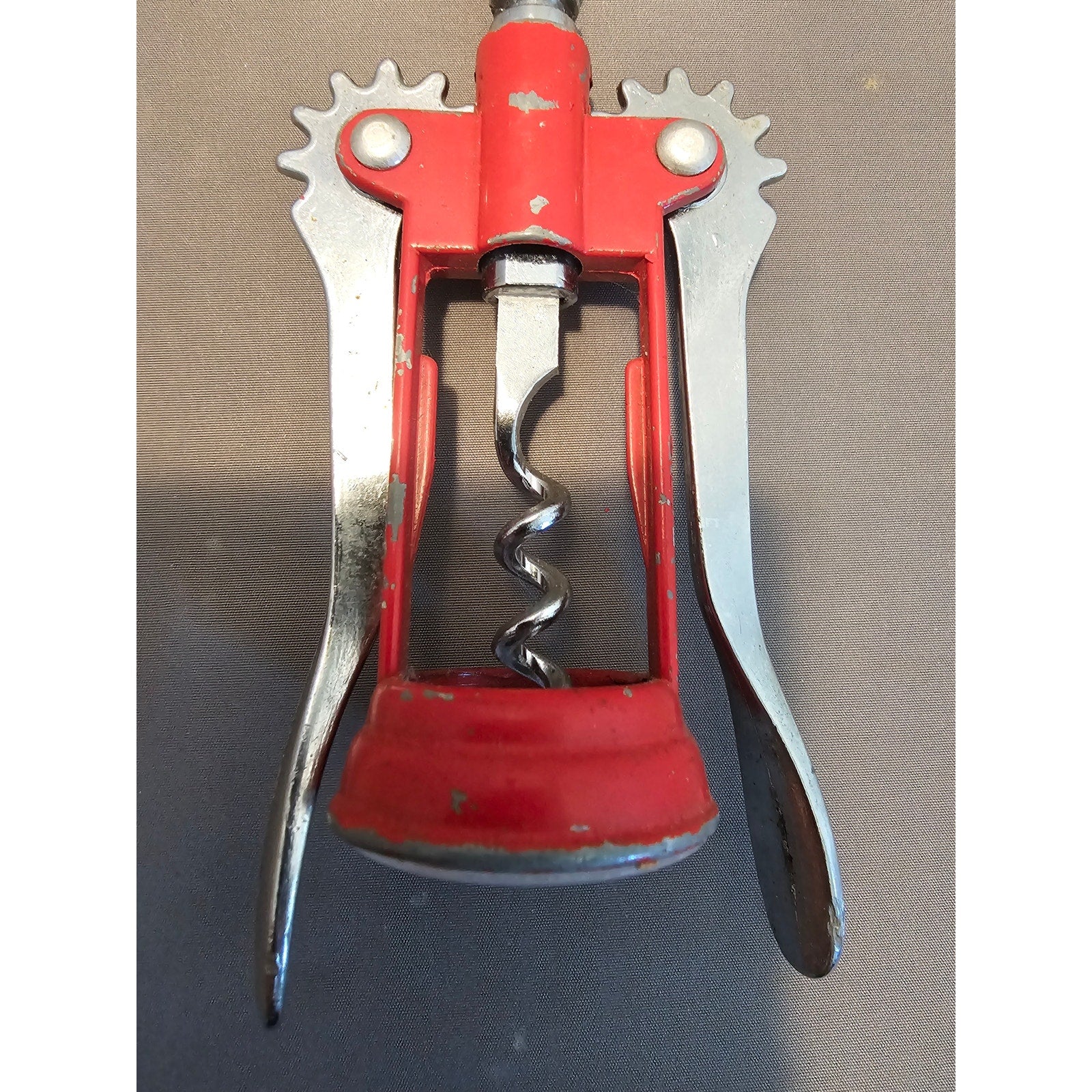 Red/Silver Corkscrew Wine Bottle Opener w/Fins - Push Down - 6-1/2"