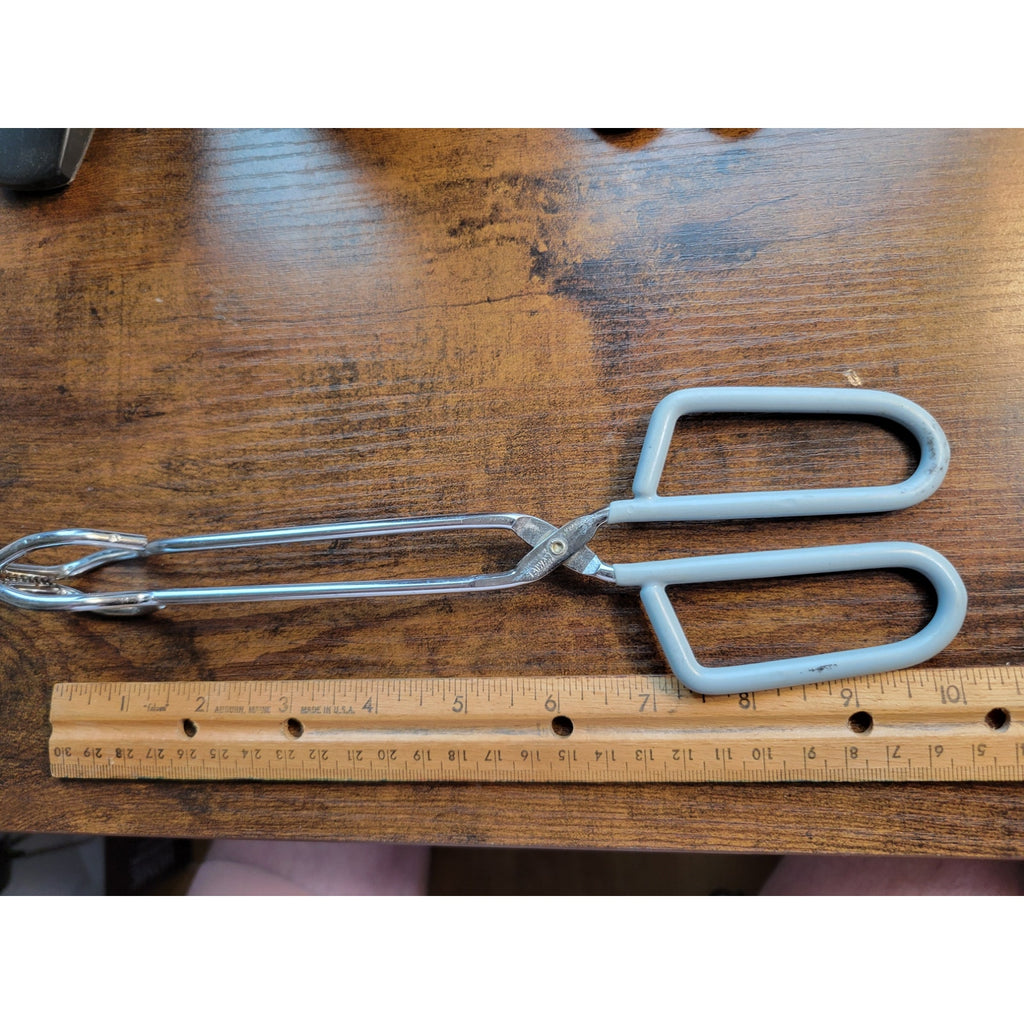 Vintage Light Blue/Grey Rubber Handle 10" Stainless Steel Tongs - Made in Taiwan