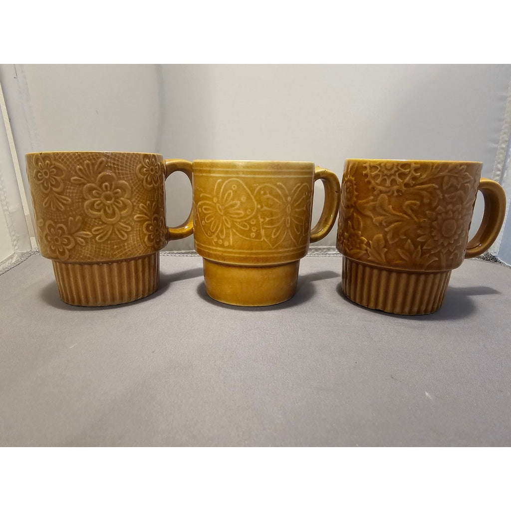 Lot of 3 Vintage/Mid Century Yellow Stackable Floral Coffee Cup/Mug - Japan