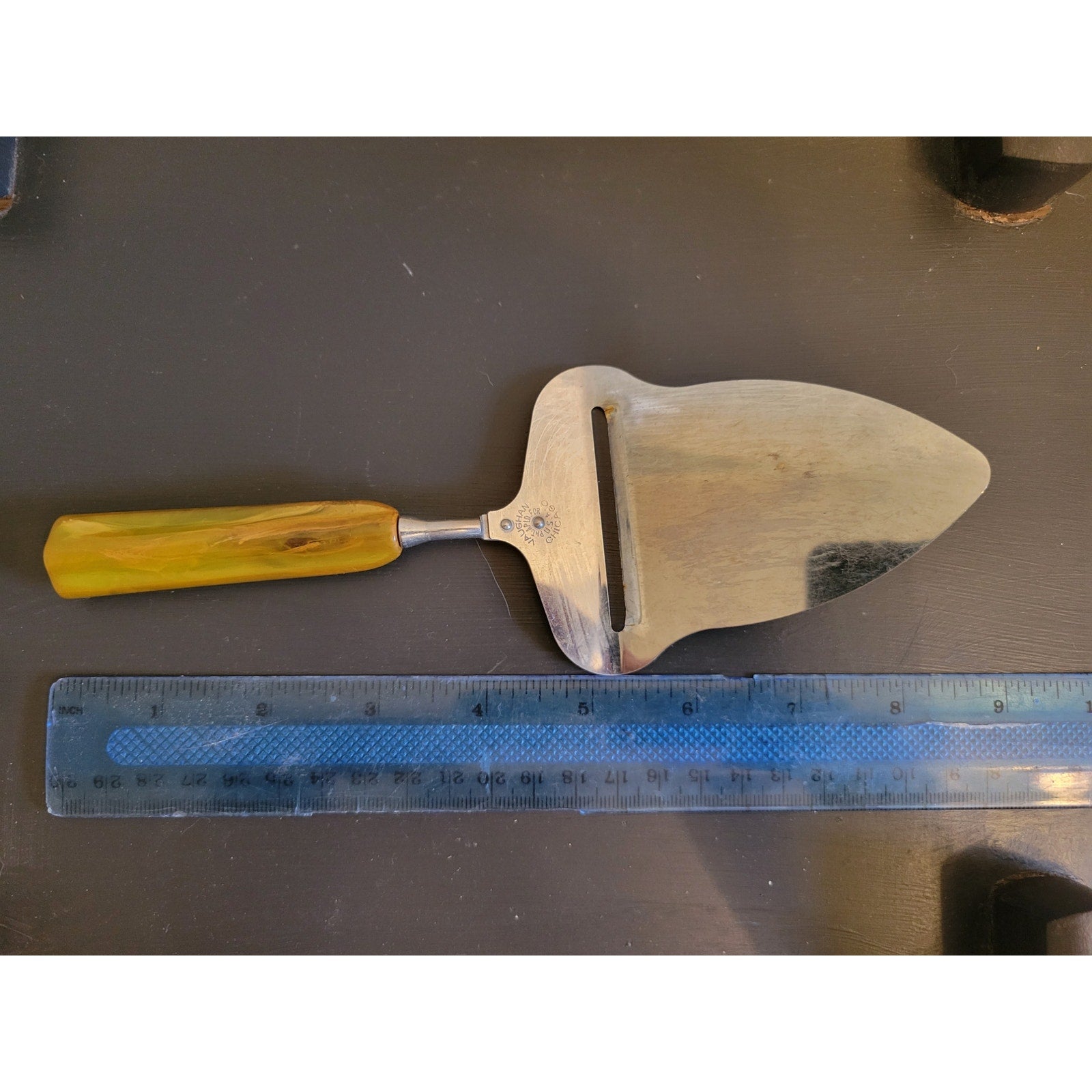 Vintage Vaughan Stainless Steel Cheese Slicer/Server - Green Handle -Made in USA