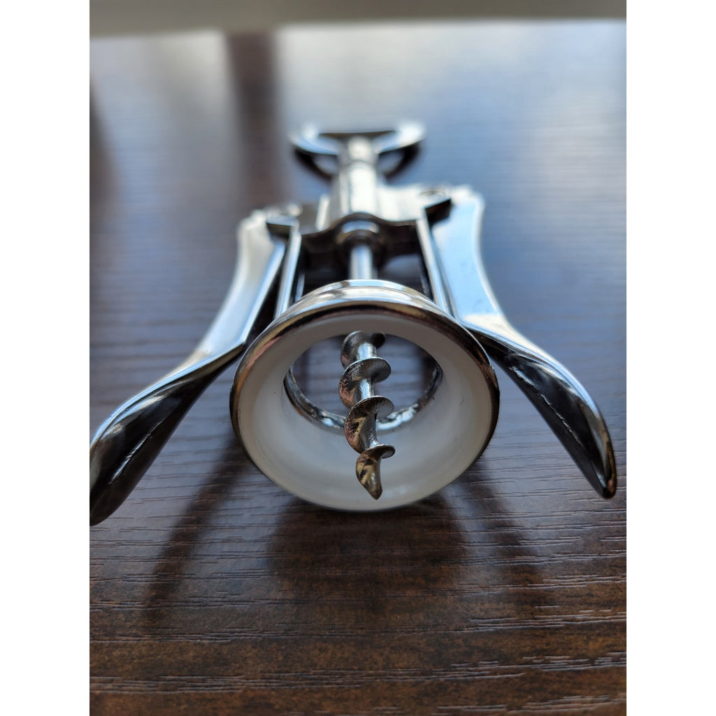 Silver Corkscrew Wine Bottle Opener w/Fins - Push Down - Used - Italy