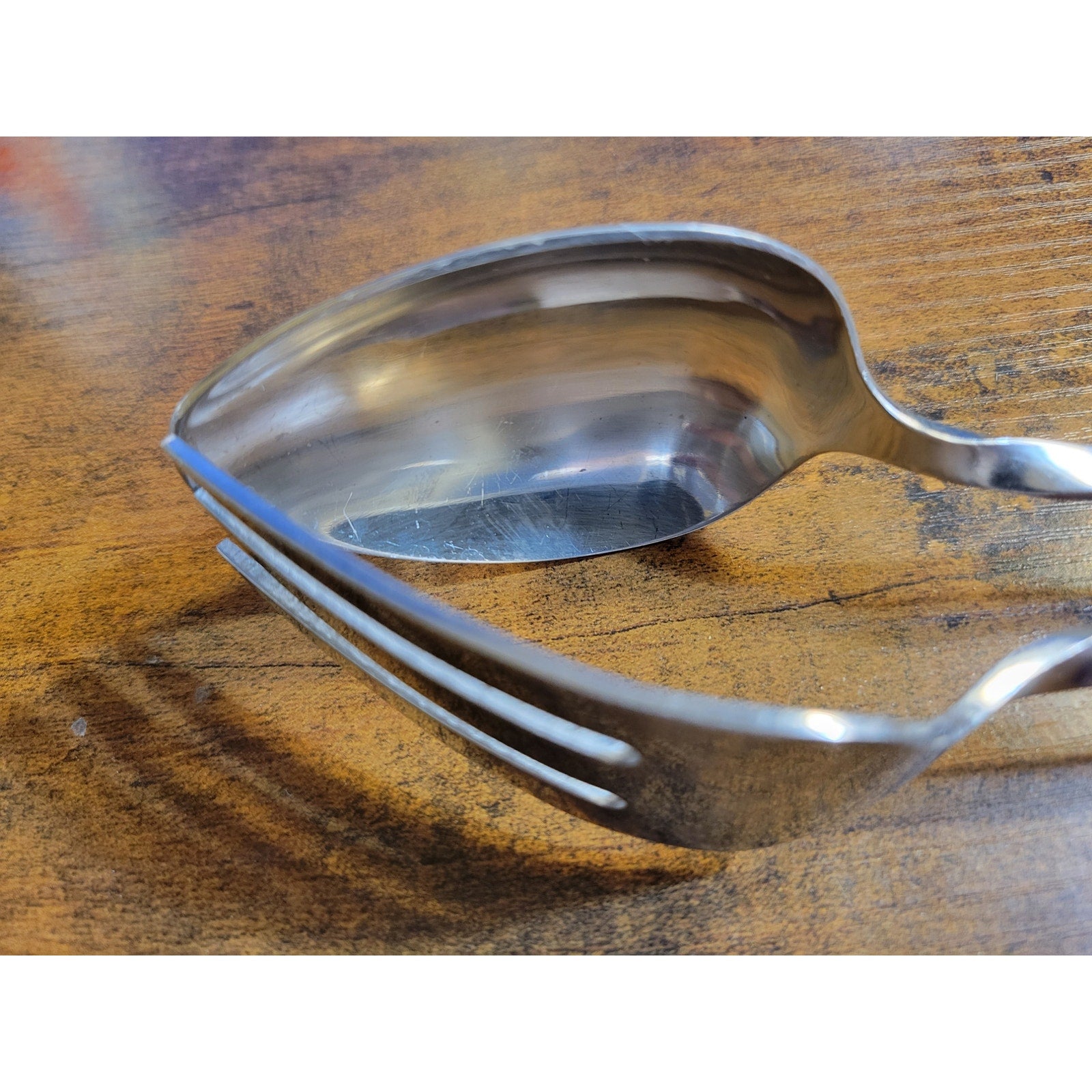 Silver Stainless Steel Salad Tongs - Spoon & Fork - 9" Long (used)