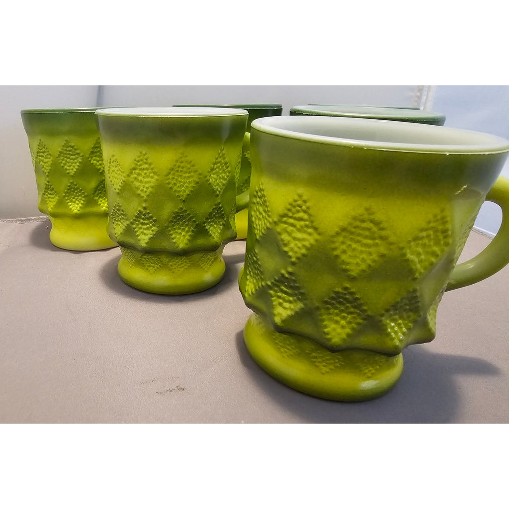 Lot of 6 Vintage Green Fire King Kimberly Diamond Point Coffee Cup/Mug - USA