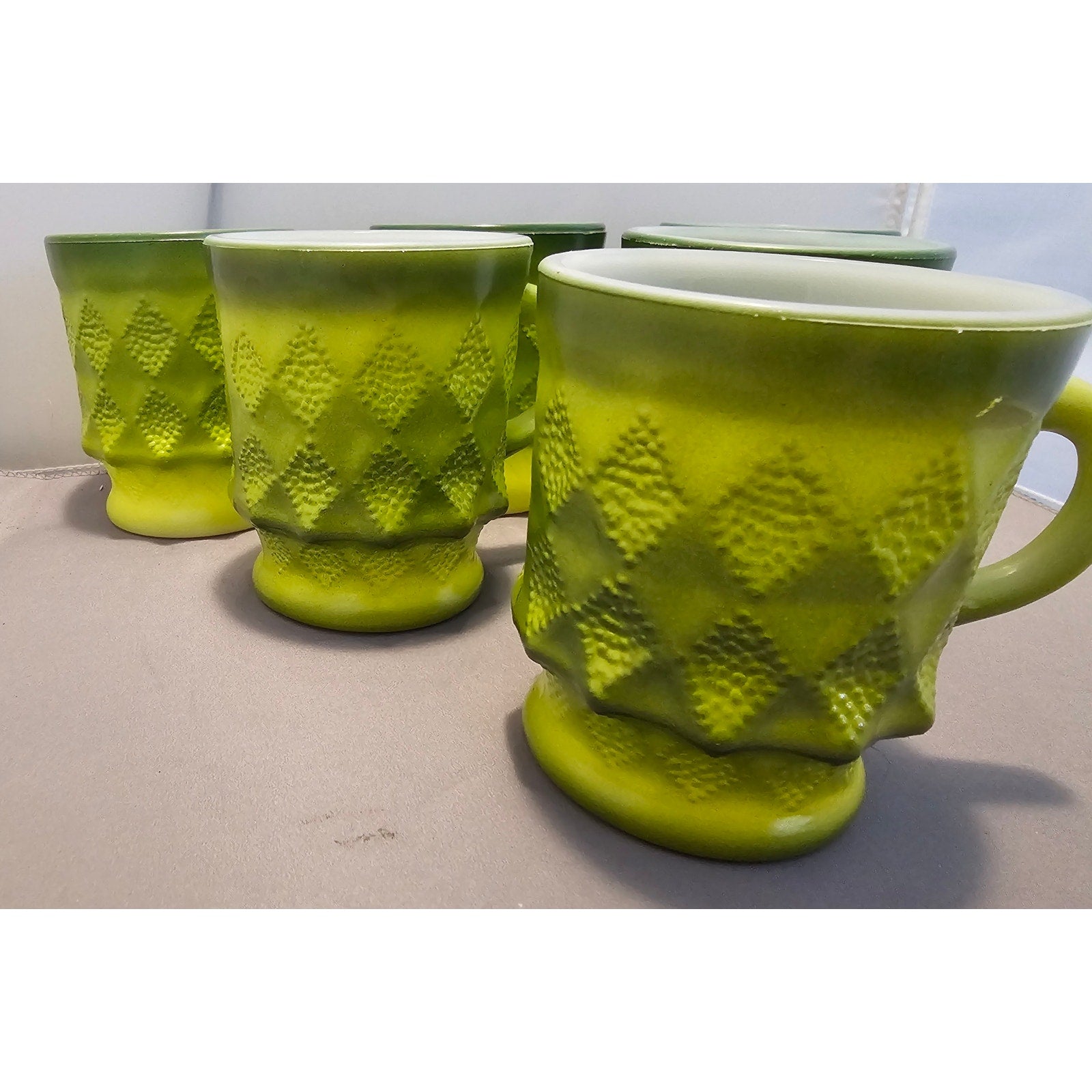 Lot of 6 Vintage Green Fire King Kimberly Diamond Point Coffee Cup/Mug - USA