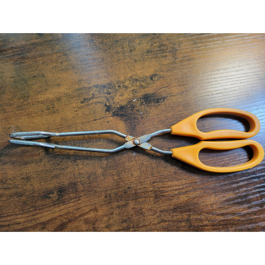 Vintage Yellow Plastic Handle 10" Stainless Steel Tongs - Made in China