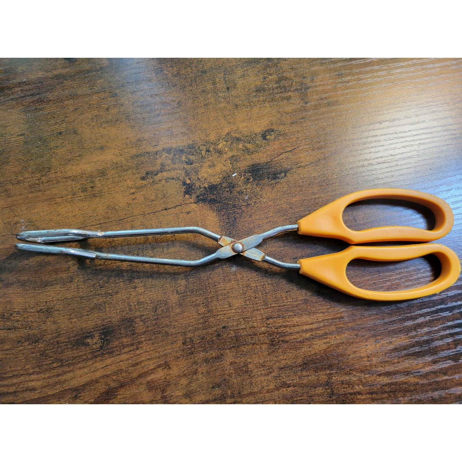 Vintage Yellow Plastic Handle 10" Stainless Steel Tongs - Made in China