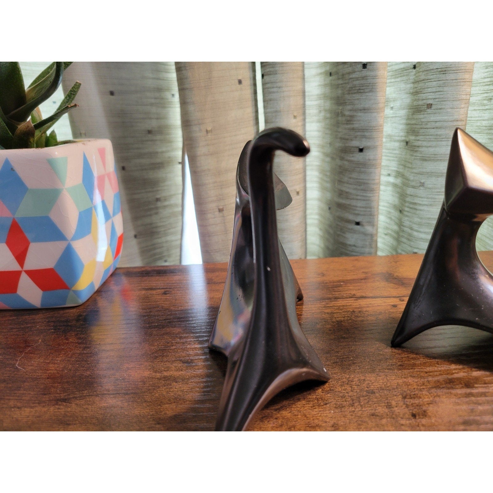 Pair of Mid Century Modern Cubist Atomic Black Ceramic Cat Figurines