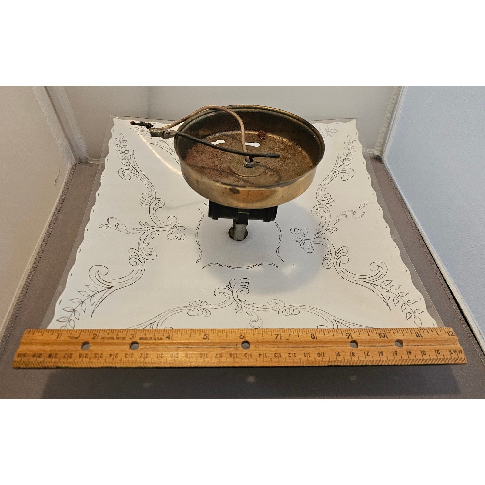 Vintage Mid Century Modern Square Ceiling Light Fixture w/Frosted Glass Floral