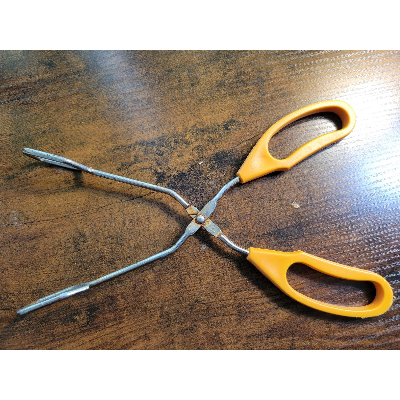 Vintage Yellow Plastic Handle 10" Stainless Steel Tongs - Made in China