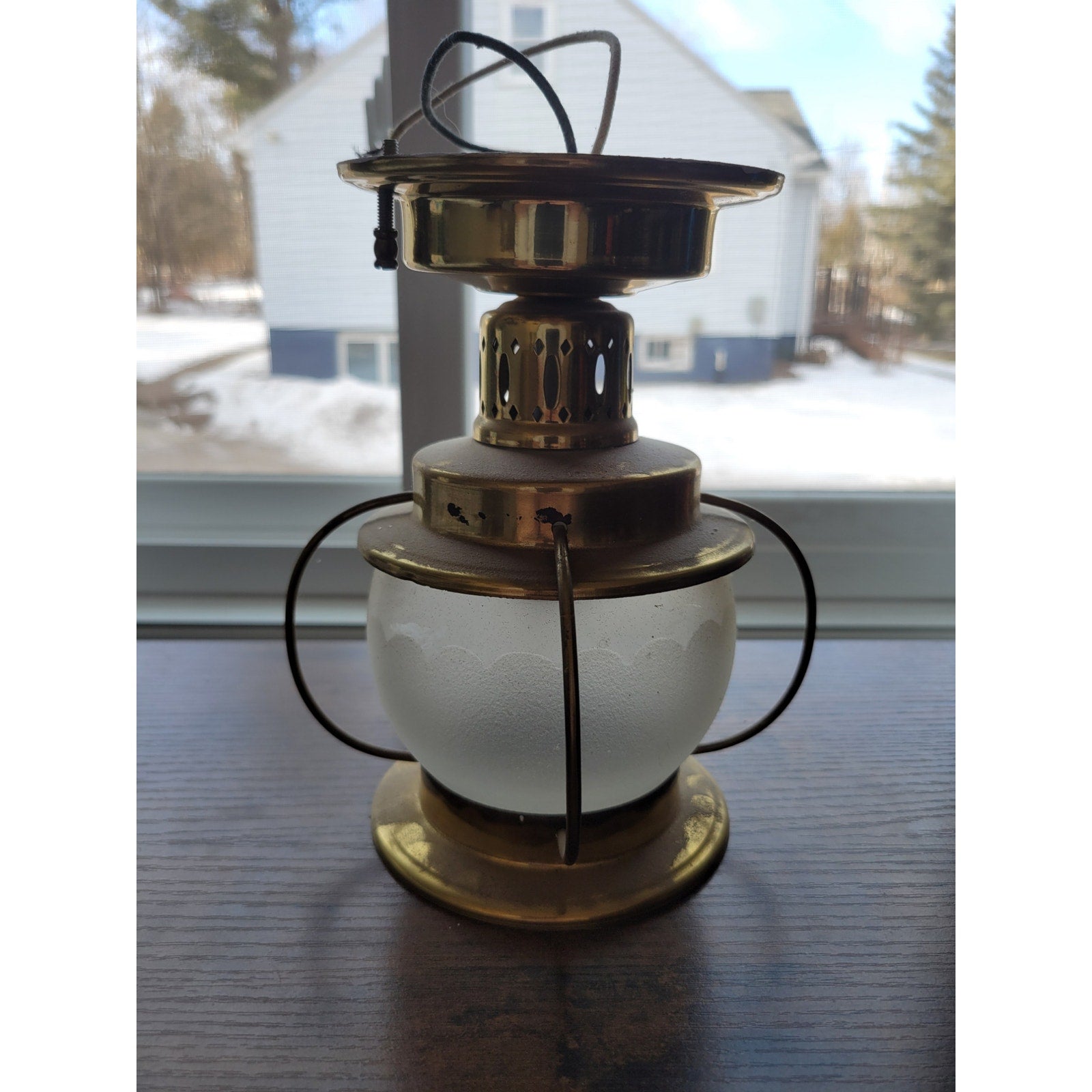 Vintage Mid-Century Modern Moe Light Gold Ceiling Fixture -Lantern Frosted Glass