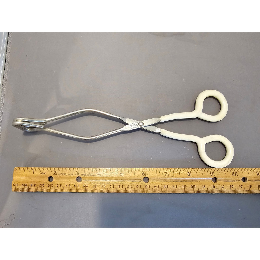 Vintage Ekco 10" White Rubble Handle Stainless Steel Tongs - USA