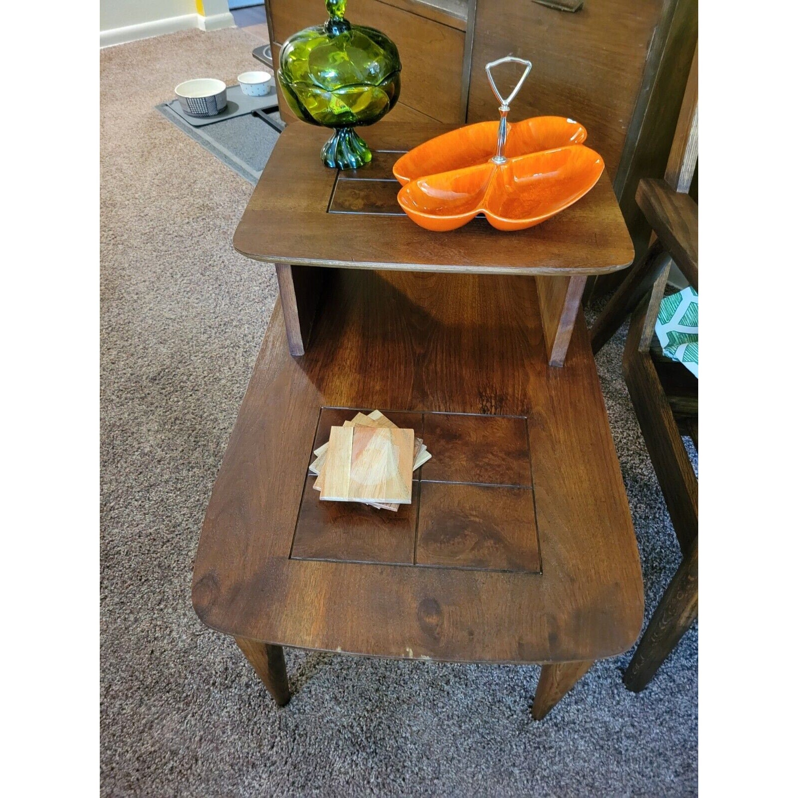Mid Century Modern Stanley 2-Tiered Walnut & Burlwood End/Step/Side Table - 254