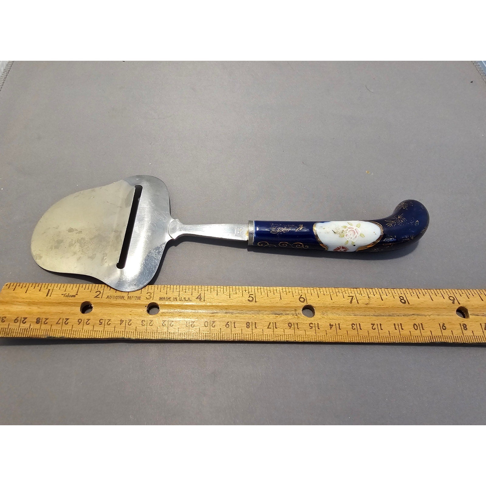 Vintage Stainless Steel Cheese Slicer/Server - Blue Porcelain Handle - Japan