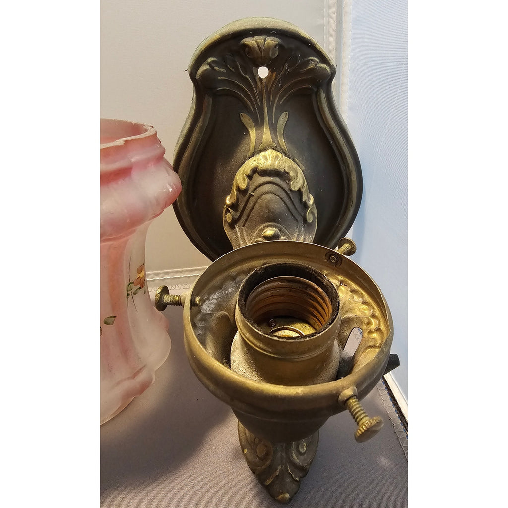 Antique/Vintage Brass Wall Sconce w/Purple & Pink Glass Shade Light Fixture