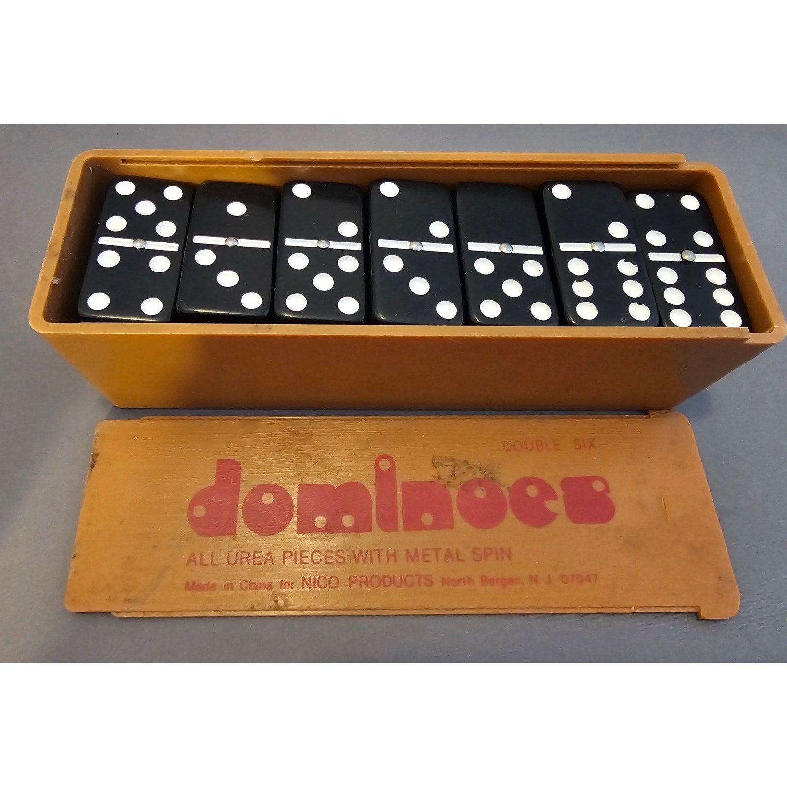 Vintage Black Urea Pieces w/Metal Spin Dominoes by Nico Products - 28 pcs w/Box