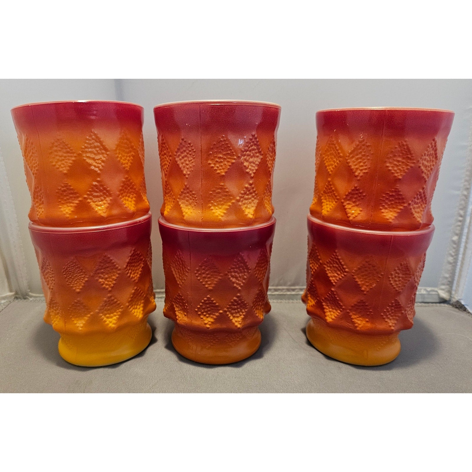 Lot of 6 Vintage Orange Fire King Kimberly Diamond Point Coffee Cup/Mug - USA