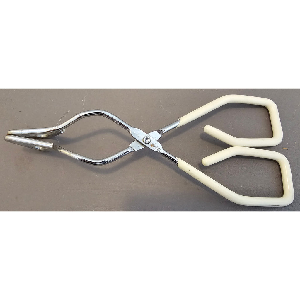 Vintage White Rubber Handle 8-1/2" Angled Stainless Steel Tongs - Made in Taiwan
