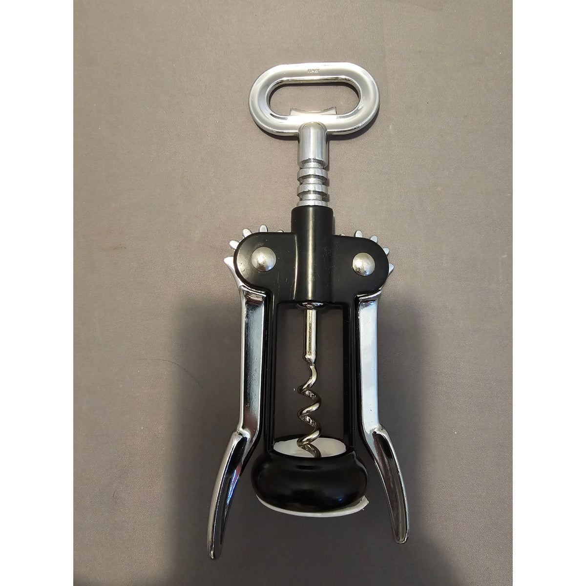 Pedrini Black/Silver Corkscrew Wine Bottle Opener w/Fins - Push Down-Italy-Used