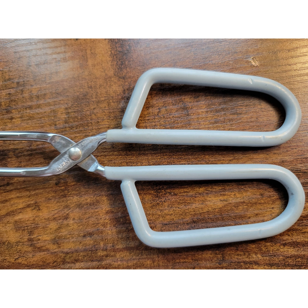 Vintage Light Blue/Grey Rubber Handle 10" Stainless Steel Tongs - Made in Taiwan