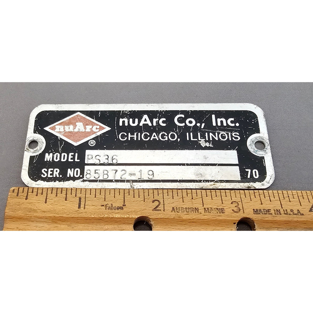 Vintage nuArc Co. Model PS36 Serial No Name Plate - Chicago IL
