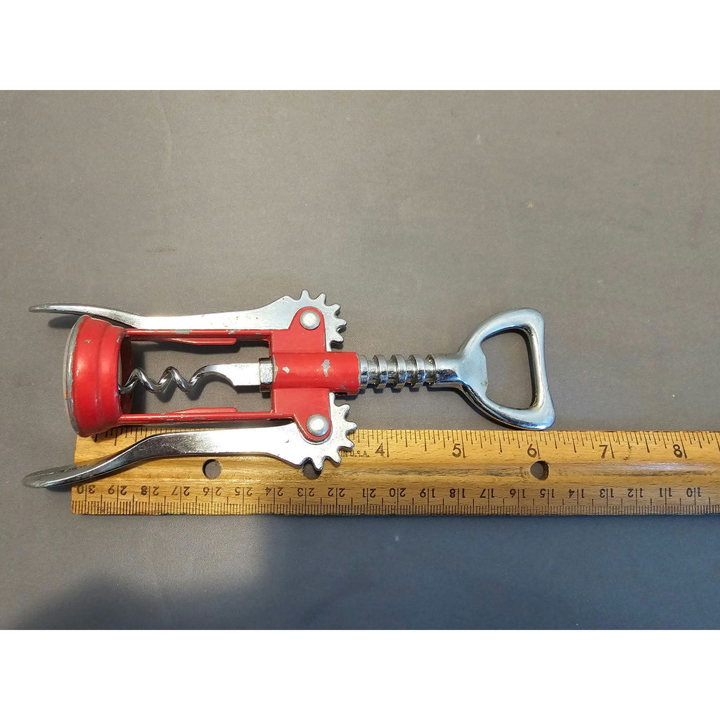 Red/Silver Corkscrew Wine Bottle Opener w/Fins - Push Down - 6-1/2"