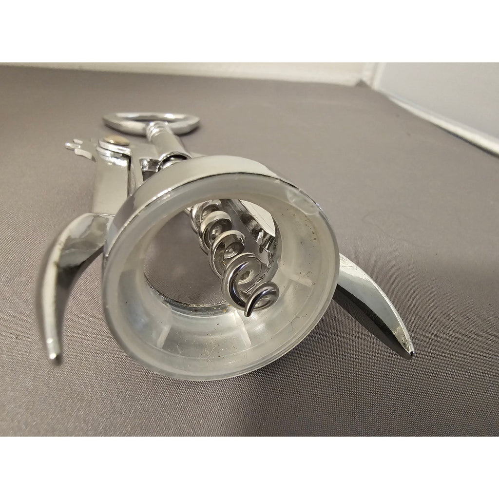 Silver Corkscrew Wine Bottle Opener w/Fins - Push Down - 6-1/4" - Used