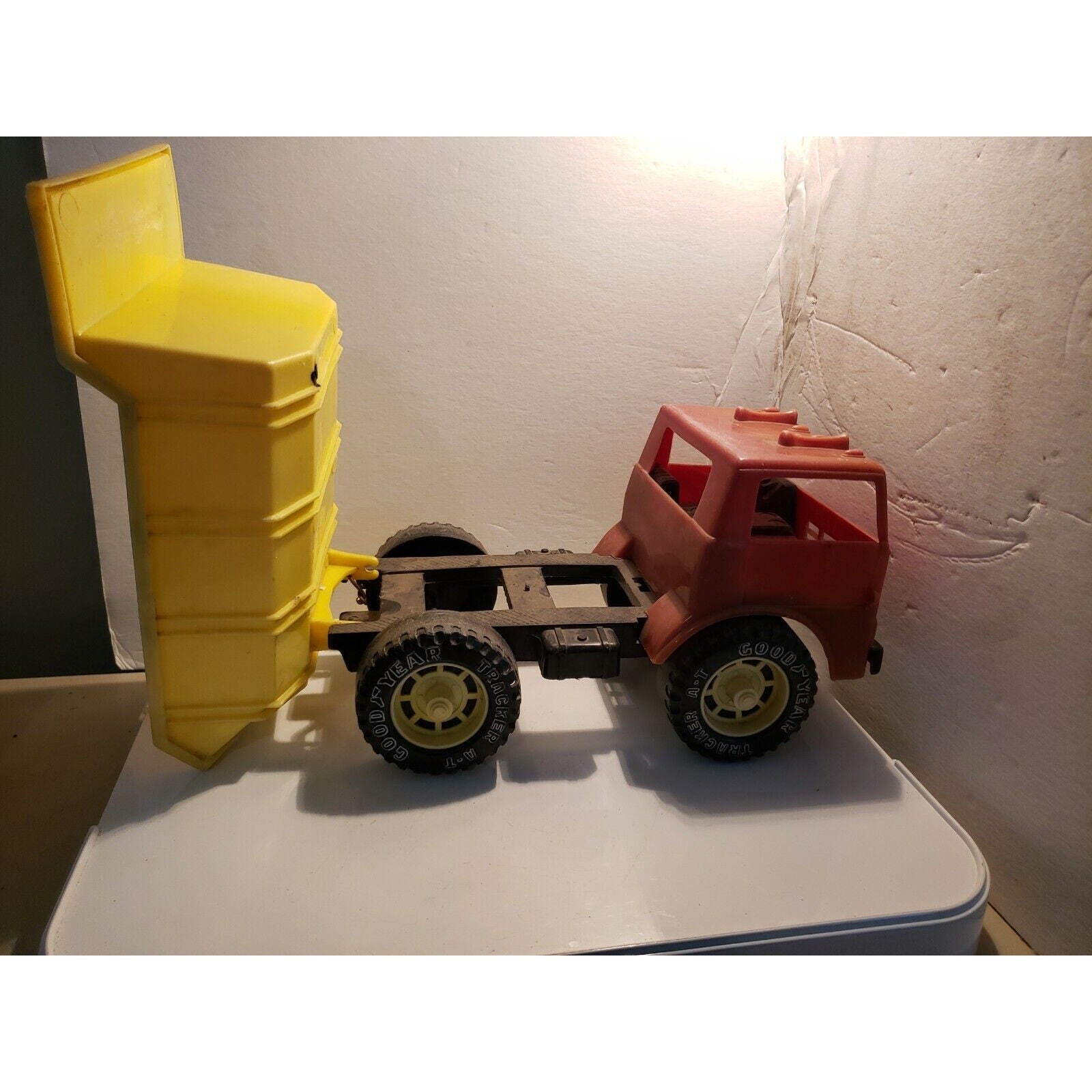 Vintage Gay Toys 12" plastic Dump Truck 620 brown/yellow Goodyear Tracker