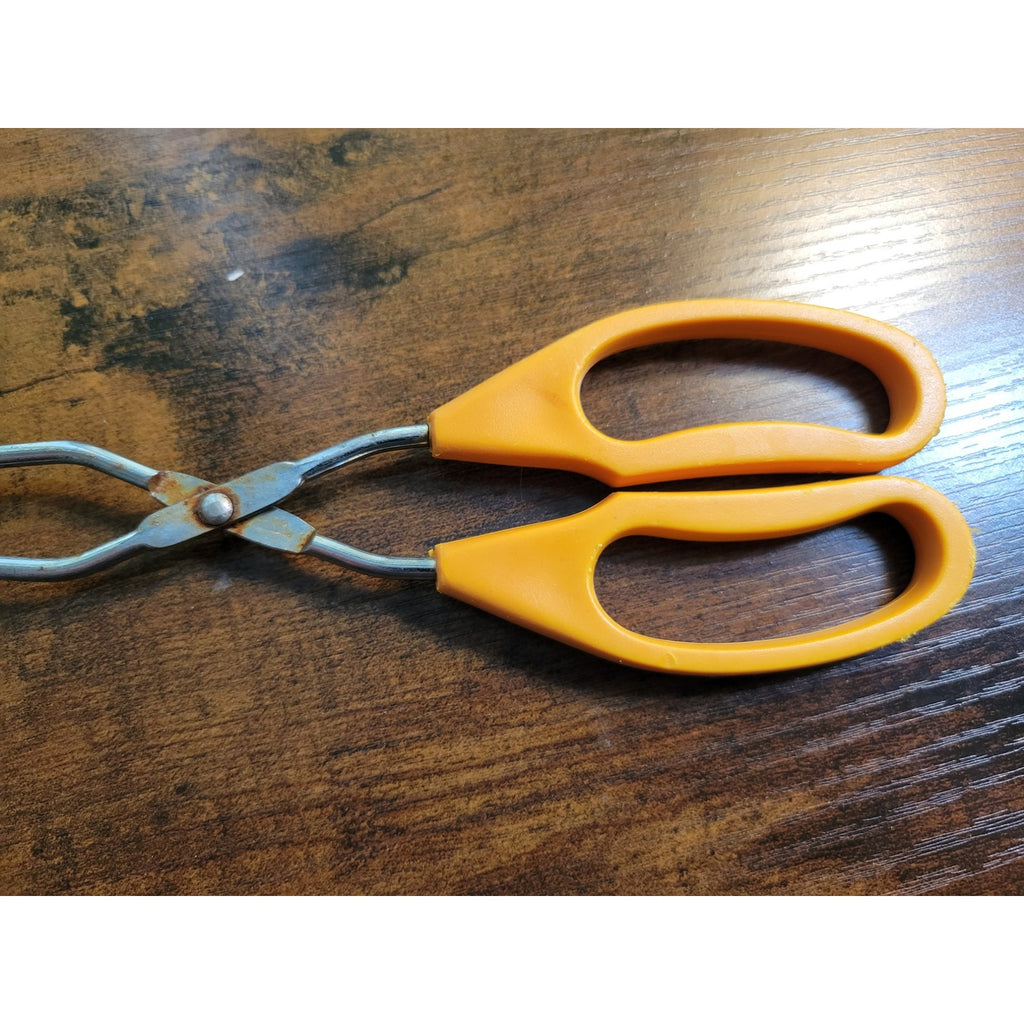 Vintage Yellow Plastic Handle 10" Stainless Steel Tongs - Made in China