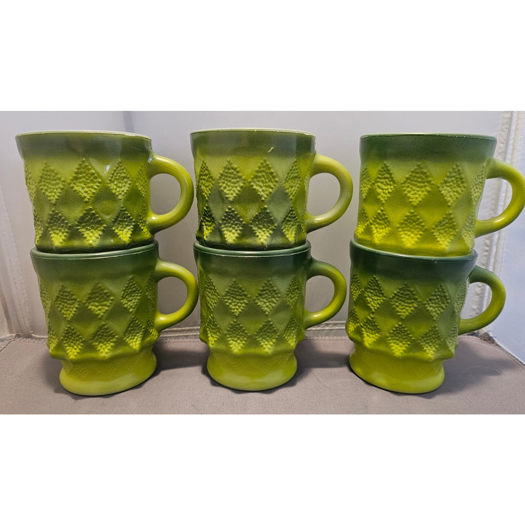 Lot of 6 Vintage Green Fire King Kimberly Diamond Point Coffee Cup/Mug - USA