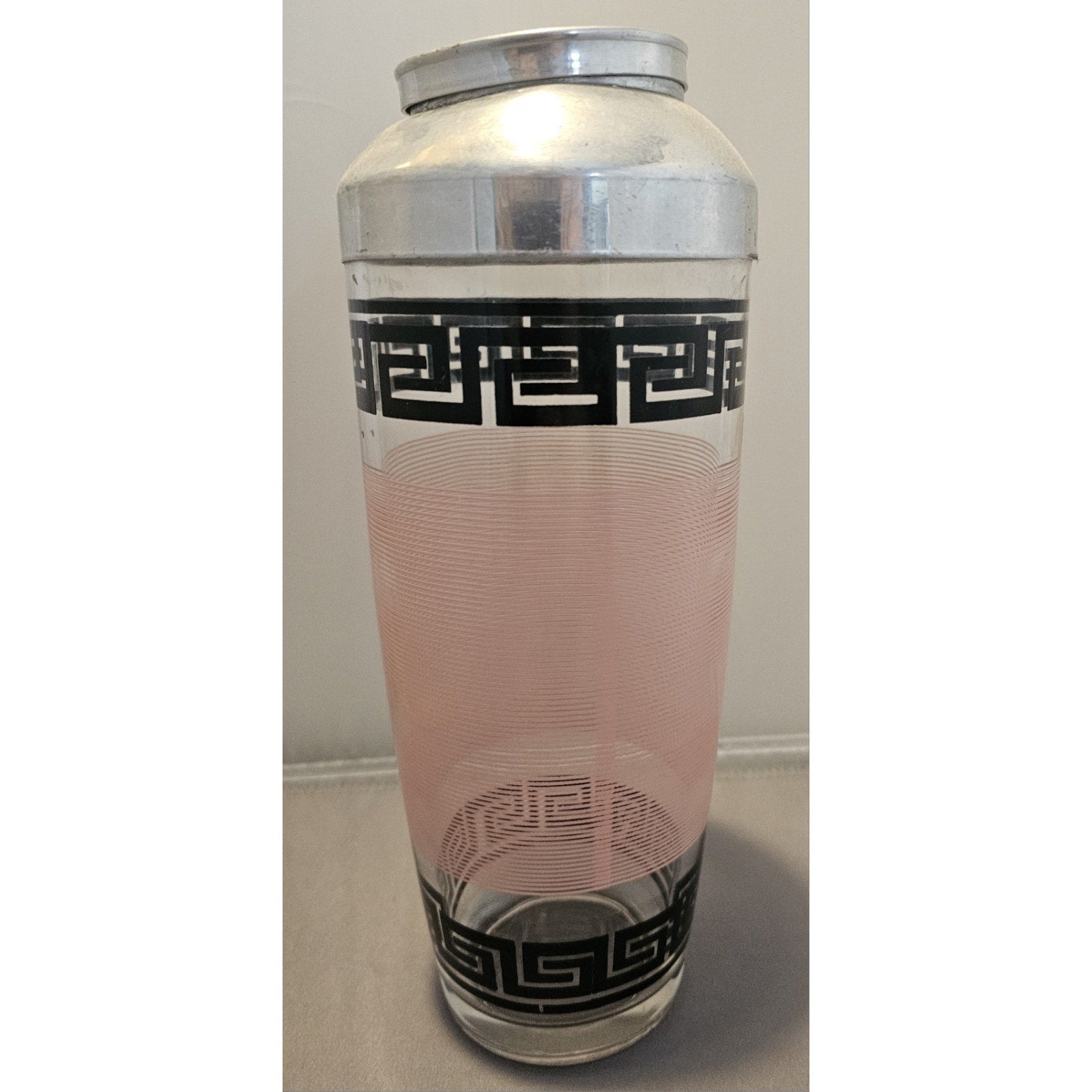 Vintage/MCM Greek Key Pink Striped Black Bar/Cocktail Shaker 9-1/4 " Tall