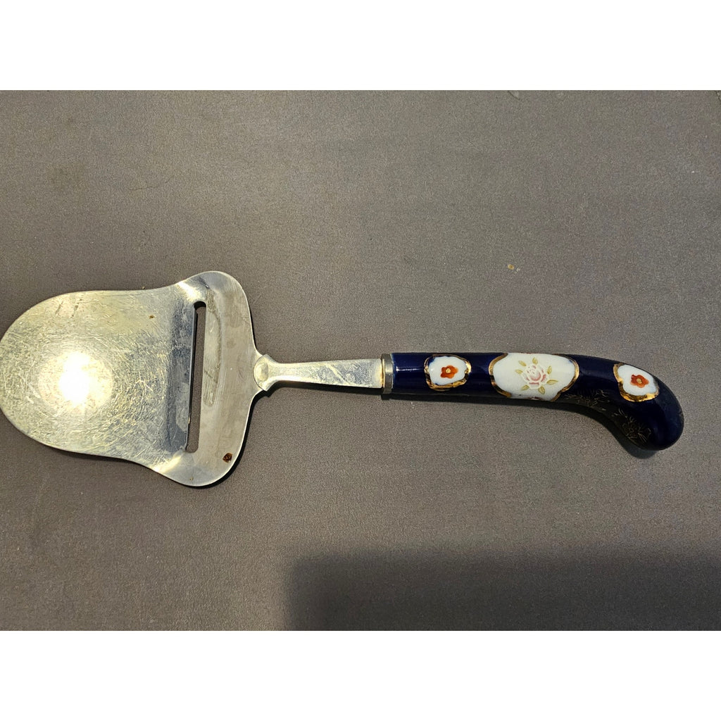 Vintage Stainless Steel Cheese Slicer/Server - Blue Porcelain Handle - Japan
