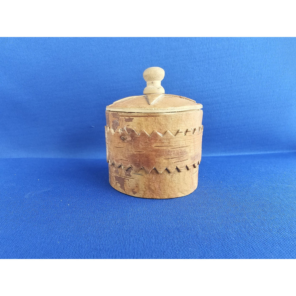 Vintage Small Handmade Carved Round Wood/Bark Box w/Lid